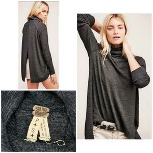 We The Free Split Back Turtleneck Raw Seams Long Sleeve Charcoal